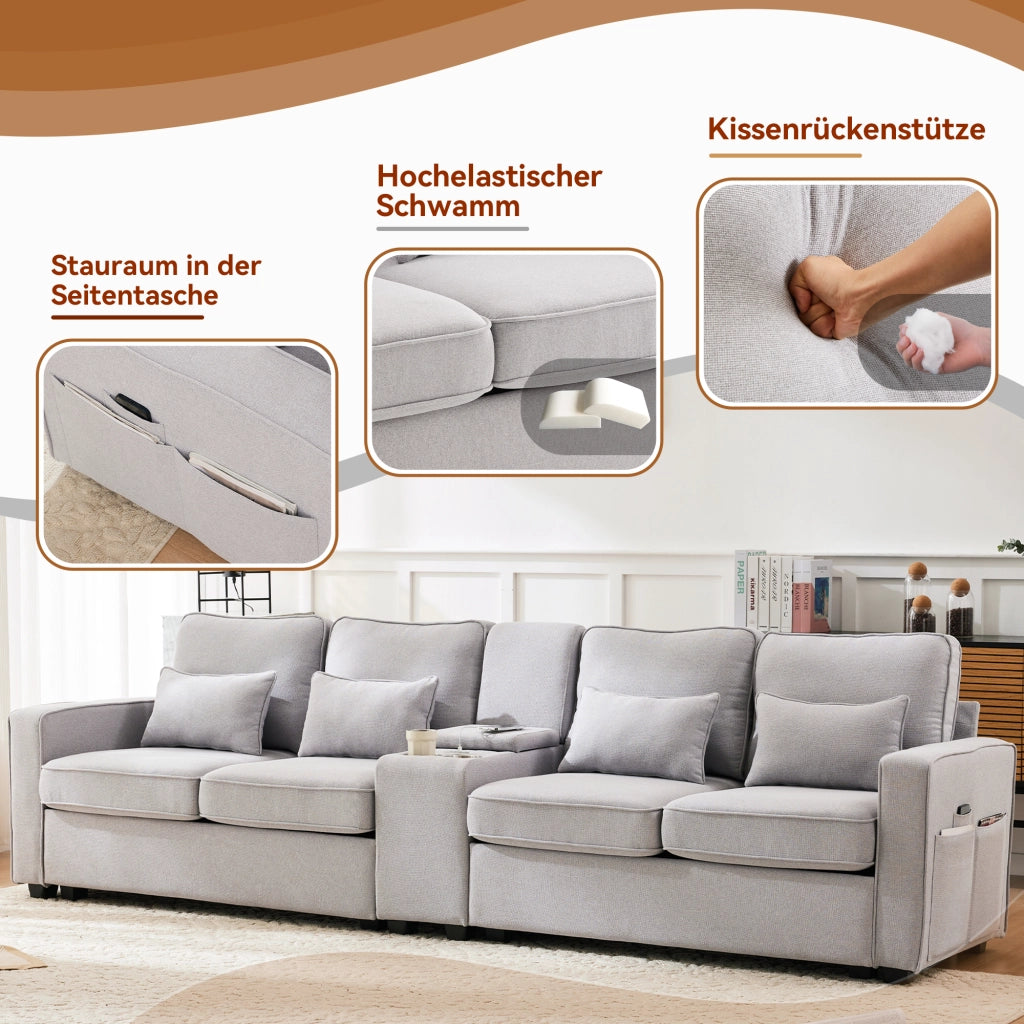 Divano Lineare 4 Posti con USB, Consolle, 2 Portabicchieri e Tasche Laterali, in Lino Grigio 290 × 83 × 88 cm