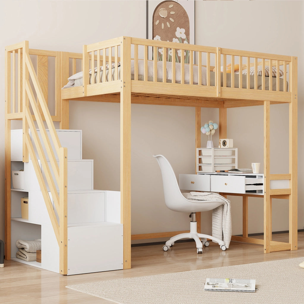 OKWISH Letto a Soppalco 90×200 cm, Letto Singolo con Scala Contenitore, Scrivania Multifunzione e Spazio Sotto Letto, senza Materasso, Bianco