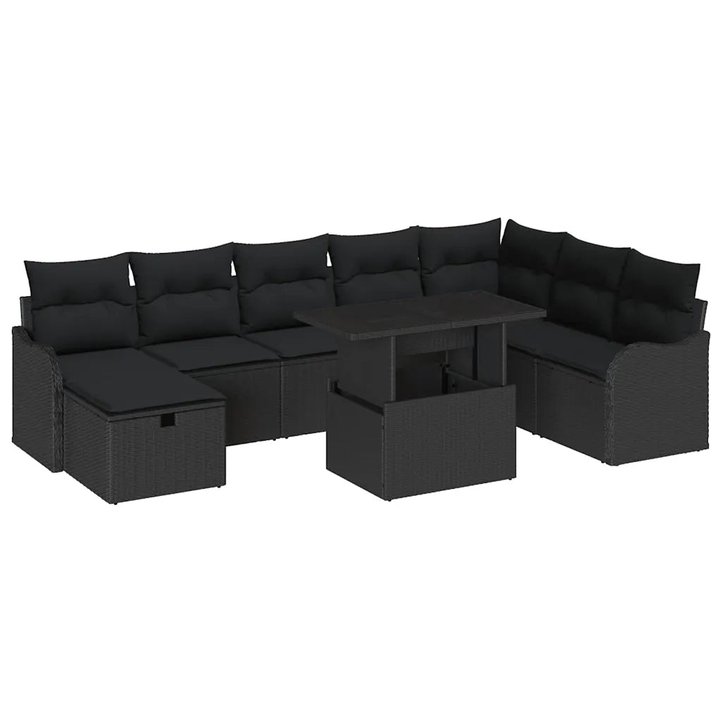 Set Divano da Giardino con cuscino 9 pcs Nero Poly Rattan