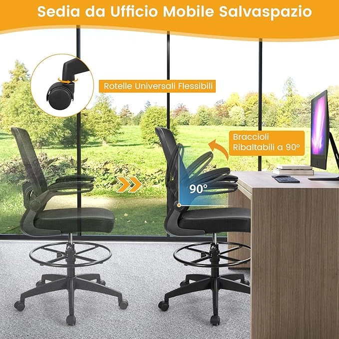 Sedia da Ufficio con Schienale, Sedia Scrivania Girevole, con Braccioli a Ribalta, Poltrona da Ufficio con Altezza Regolabile, Struttura in Metallo, per Scrivania Casa Ufficio, Portata 120 kg