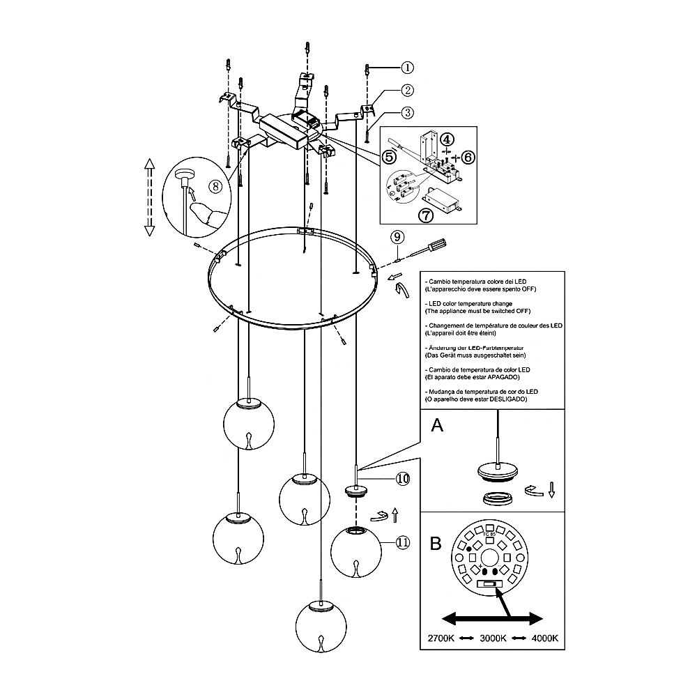 Ariel - Lampada a sospensione circolare 5 luci con forme Fabas Luce - LED 35W dimmerabile - Trasparente Rosone rotondo d.50cm