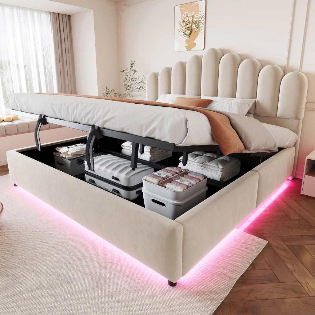 Letto imbottito 180x200 cm con contenitore idraulico, testiera trapuntata, LED e struttura in velluto beige