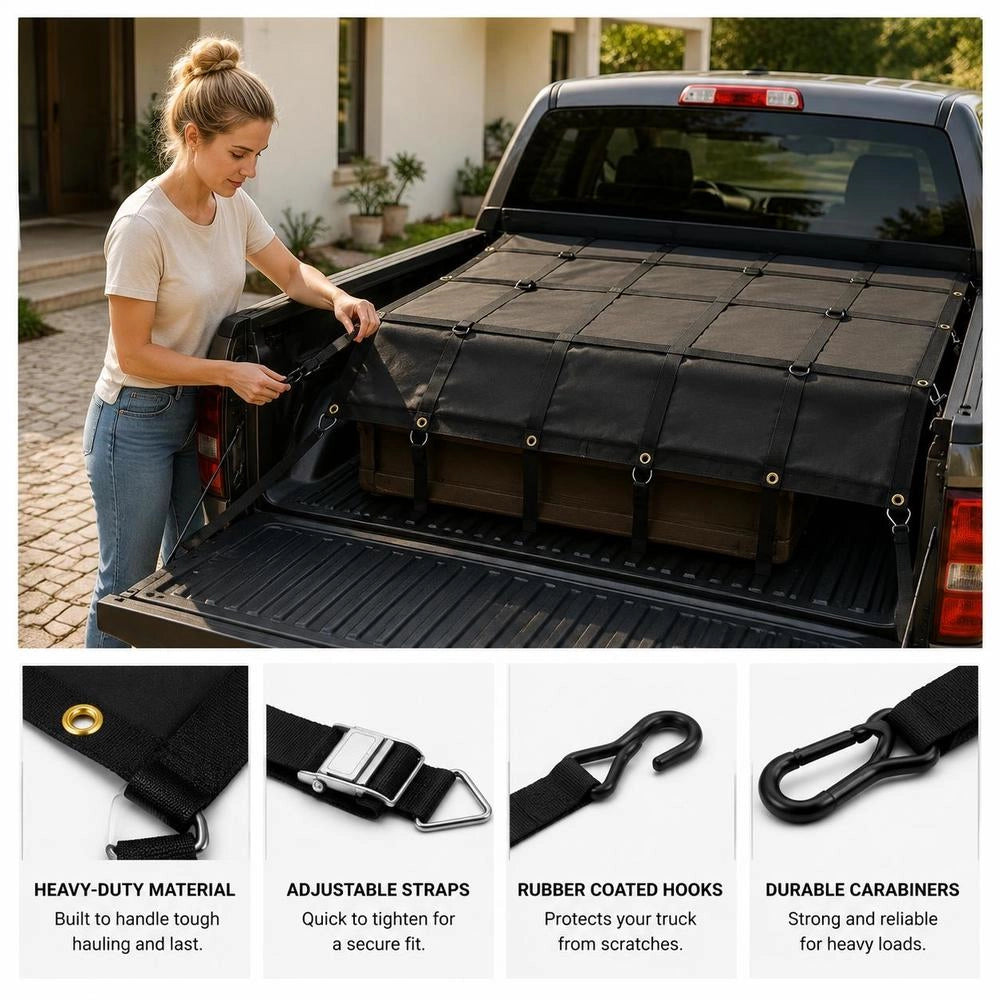 Cargo Net, 183 X 145 Cm, Truck Cargo Net For The Loading Area, 4 Adjustable Straps With Carabiners And Rubber-coated Hooks, Durable, Suitable For Pickup Trucks, Jeeps, Trucks, SUVs, Boats (black)