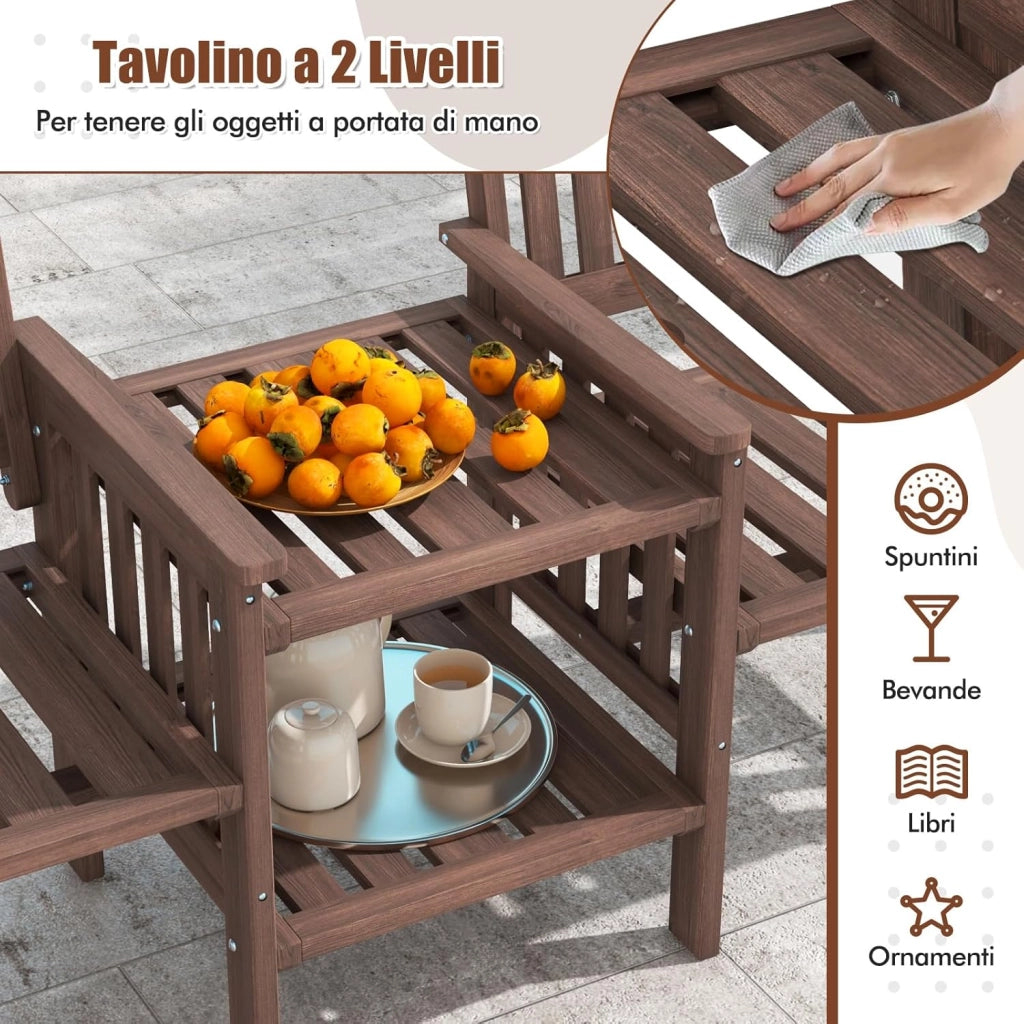 Set Tavolo e Sedie da Giardino con Foro per Ombrellone, Set di Mobili a 2 Posti in Legno Abete, Tavolino a 2 Ripiani, Sedia Portata 150 kg, Tavolino Portata 30+30 kg (Marrone)