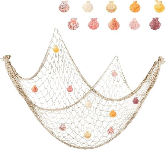 Due decorazioni per parete a forma di rete da pesca con conchiglie - Decorazioni per la casa con tema marino - Rete grande per parete in stile nautico oceano