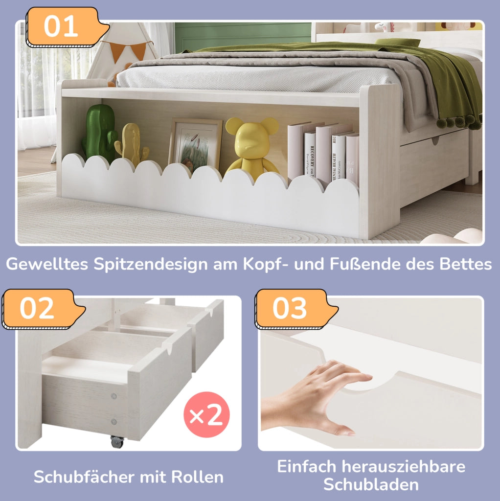 Letto singolo 90x190 cm con cassetti; ripiani e contenitore; in MDF e legno massiccio; bianco e rovere chiaro