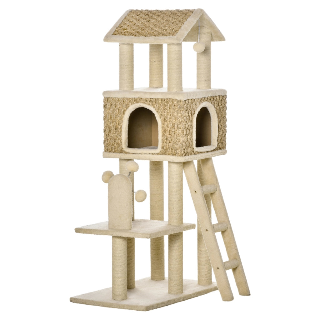 Tiragraffi con cuccia per gatti e giocattoli ¨C Xylo ¨C Sisal peluche beige marrone
