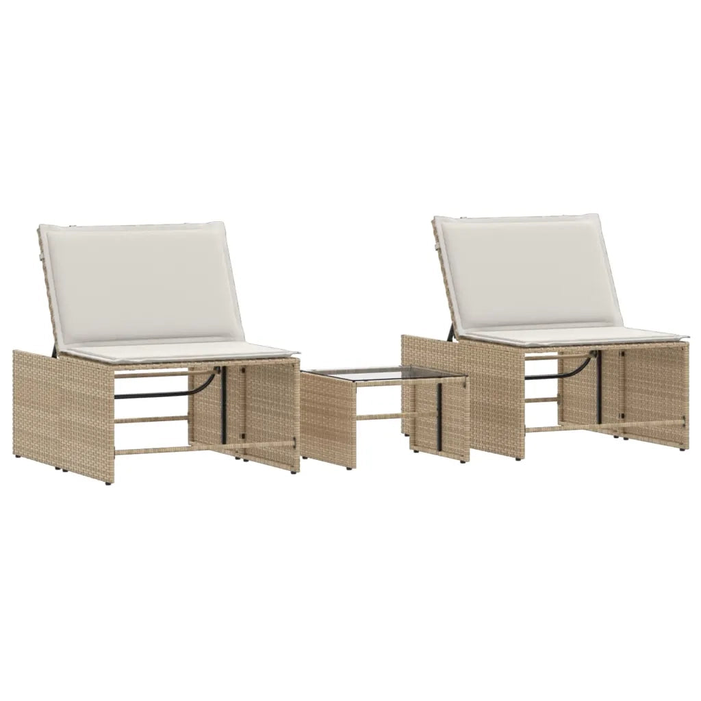 Lettini prendisole 2 pz con tavolo beige in polyrattan 368426