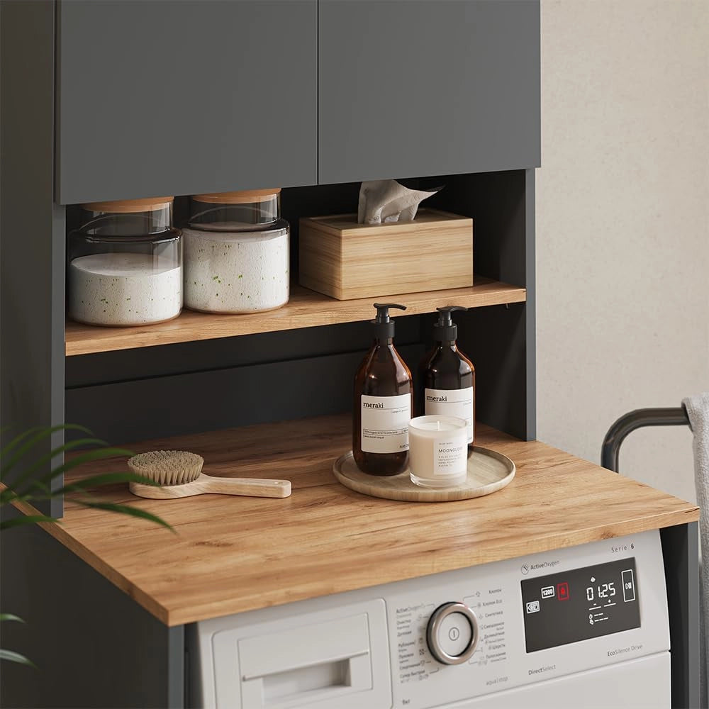 Mobile lavatrice Viktor, Antracite/quercia dorata, 68 x 88.2 cm 2 parti con ripiano, adatto per riporre detersivo e asciugamani