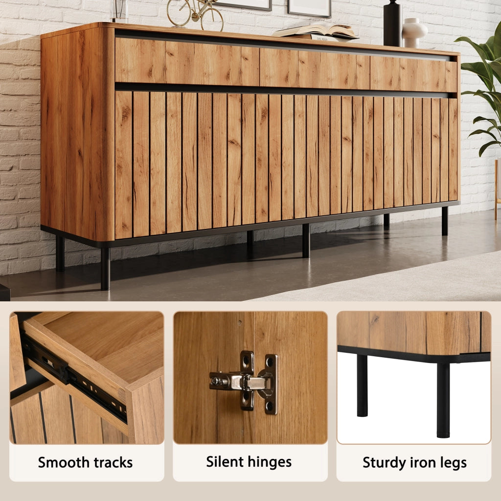 Credenza e madia con 3 cassetti e 3 ante a lamelle, per soggiorno e ingresso, in MDF naturale 160 × 40 × 73 cm