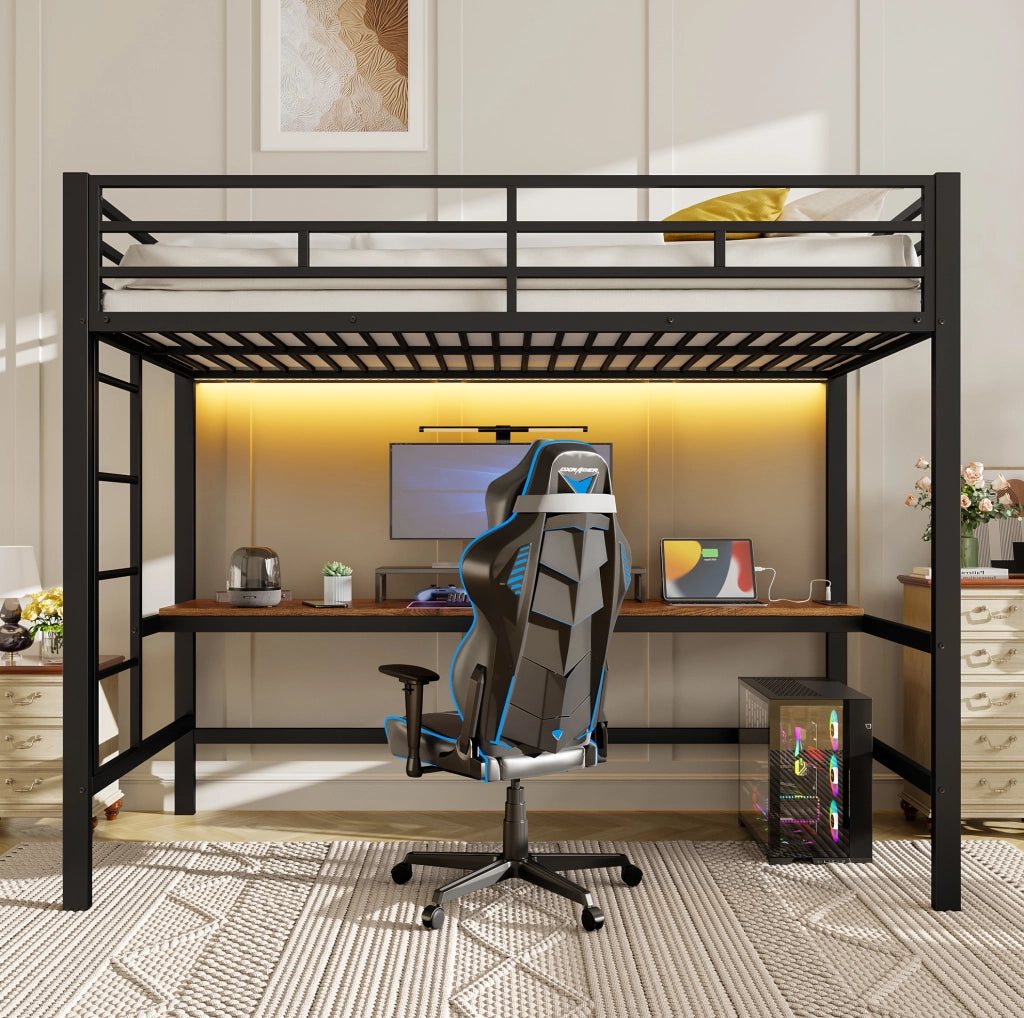 Letto a soppalco 90x200 cm con scrivania, luci LED e prese