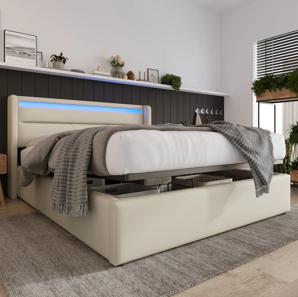 Letto contenitore imbottito 160x200 cm in PU bianco con LED
