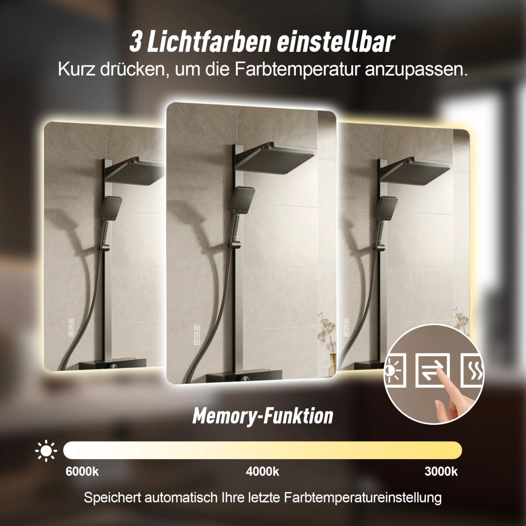 Specchio luminoso da bagno con retroilluminazione anti-appannamento 3 luci dimmerabile memoria vetro argento 111 × 71 cm