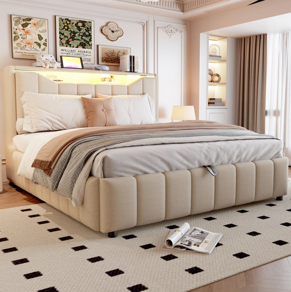 Letto imbottito contenitore 140 x 200 cm beige con LED, porte USB e USB-C