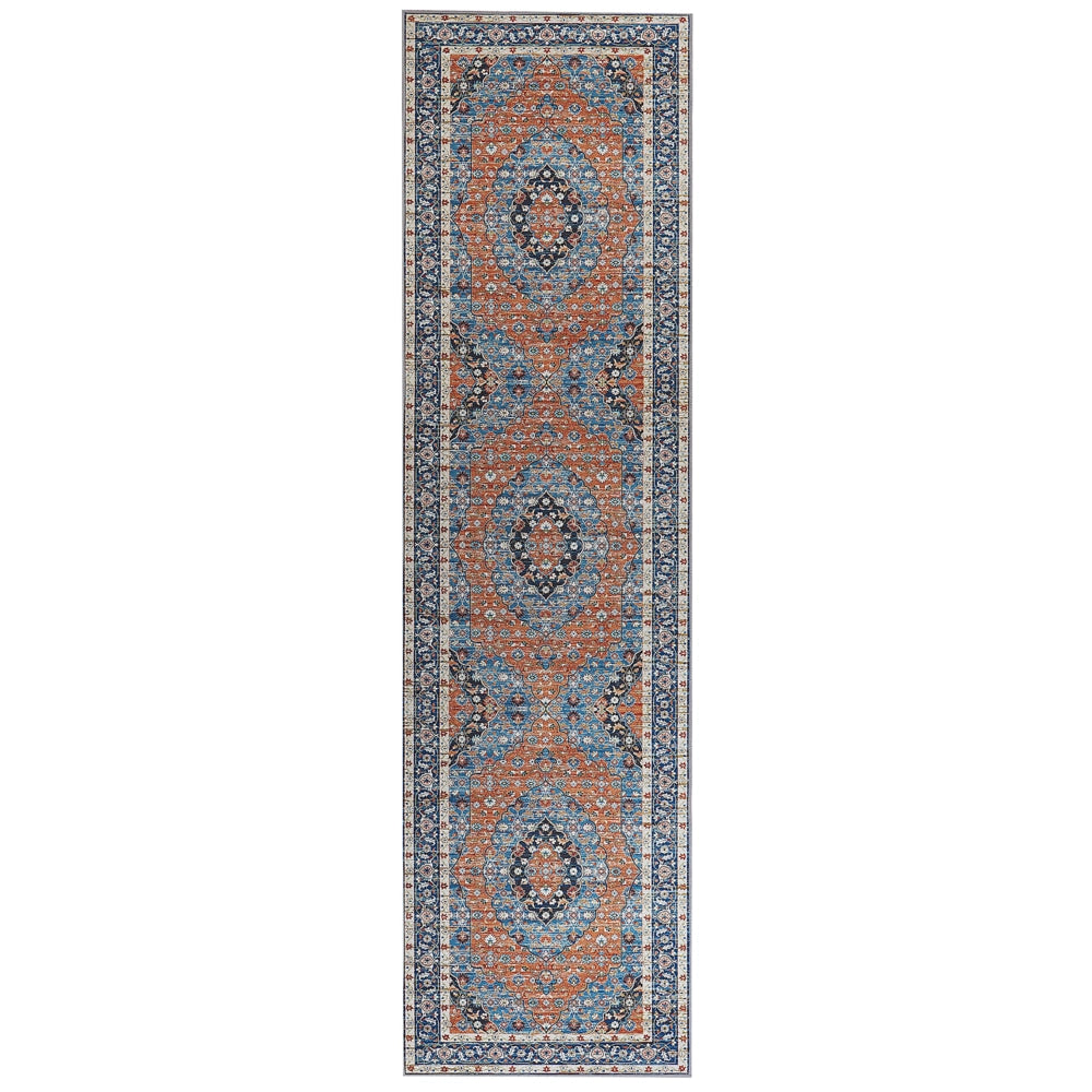 Tappeto passatoia blu e arancione poliestere 80 x 300 cm decorazioni orientali invecchiate per soggiorno camera da letto