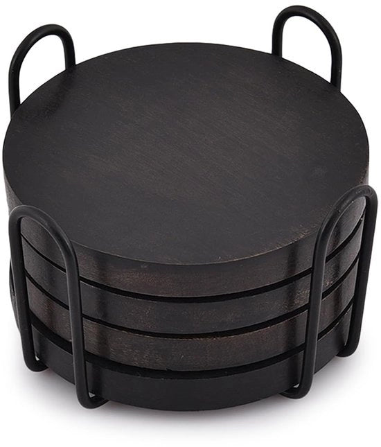 Sostegni in legno di acacia nera, 4 pezzi, con supporto in acciaio, decorazione per tavolo, protezione per tavolo, decorazione (dimensioni del sostegno: 10,2 x 10,2 x 1,3 cm, dimensioni del supporto: 11,4 x 11,4 x 7 cm)