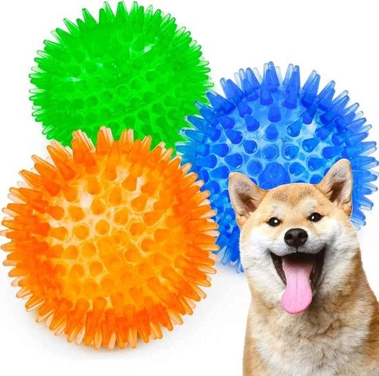 Giocattoli per cani - Giocattolo per cani con suono di gomma TPR che emette un suono di gomma, pallone con spine per il lancio, per la pulizia dei denti dei cuccioli, per la prevenzione della noia per piccoli e medi cani 3