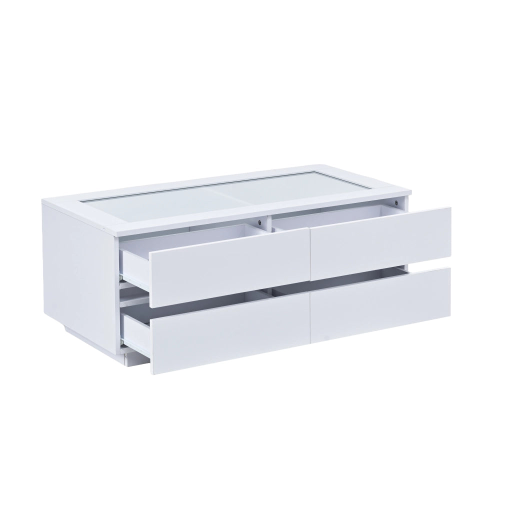 Tavolino da caffè con 4 cassetti; LED e piano in vetro temperato; in pannelli di particelle bianco; 100 × 50 × 40 cm