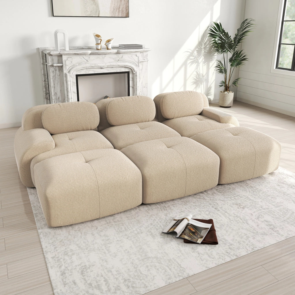 Divano angolare modulare senza telaio in velluto a coste; schiuma 32D; beige