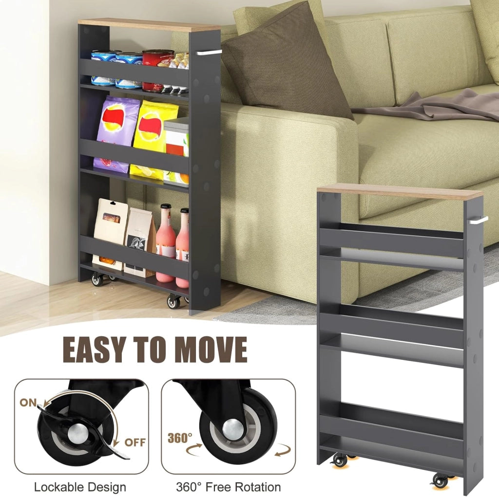 Carrello per Nicchia con Ruote, 4 Livelli，Carrello di Servizio Stretto Salvaspazio, da Bagno, Scaffale da Cucina Sottile 47,5 x 13 x 80,5 cm (Naturale+Grigio, Largo 13 cm)
