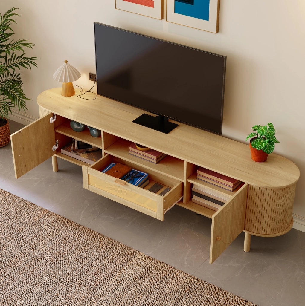 Mobile TV in MDF naturale con cassetto in rattan, ante e passacavi, 175 cm