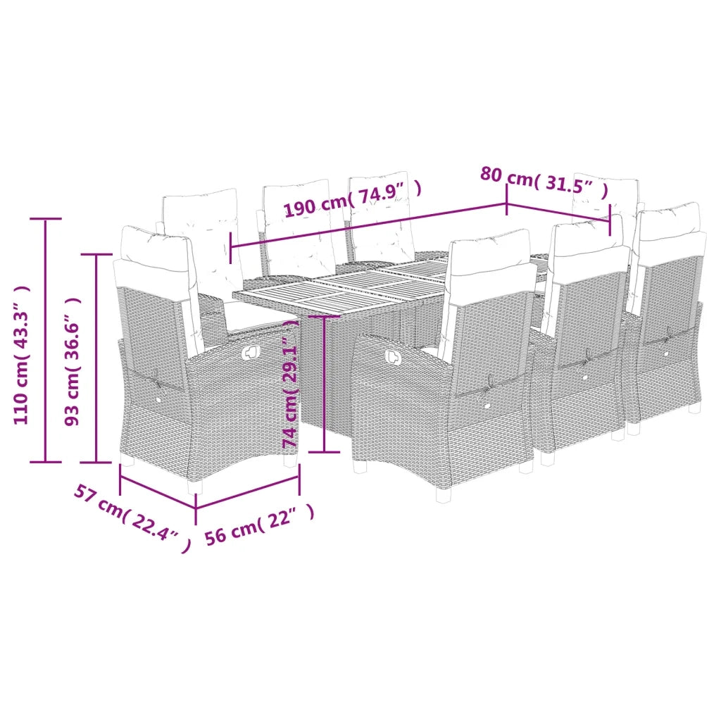 Set Pranzo da Giardino 9 pz con Cuscini Beige Misto Polyrattan