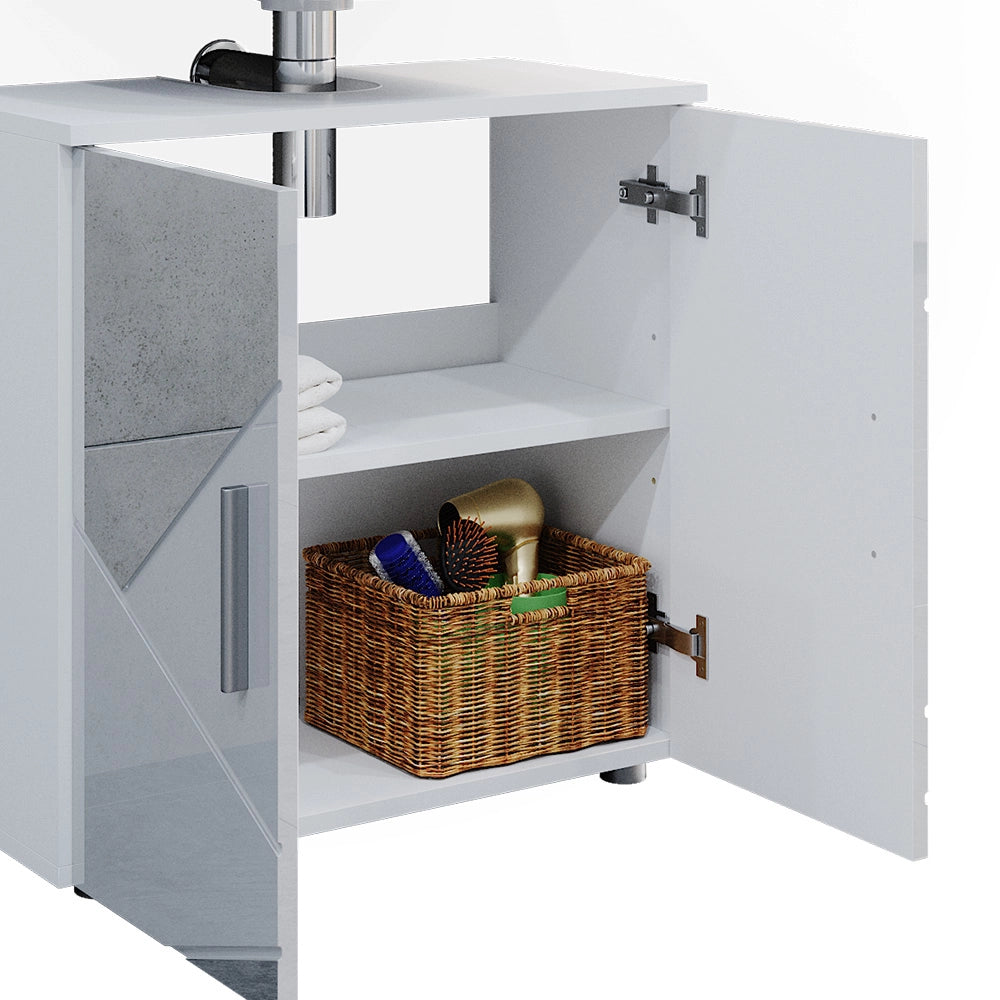 Vicco Set mobili bagno Bianco lucido con inserti 4 parti, con armadio alto e cassettiera