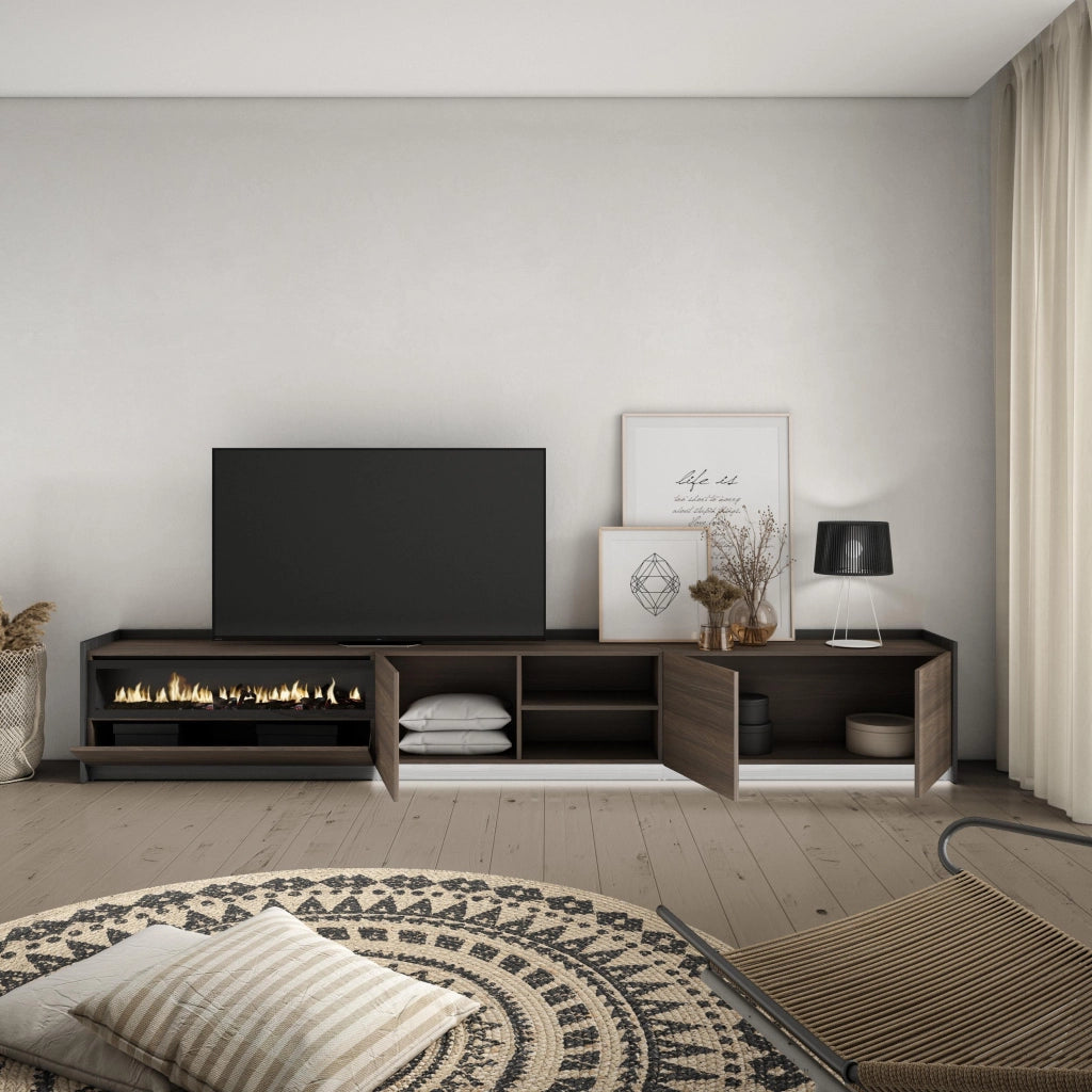 Mobile TV Soggiorno, 310x50x37 cm, Per TV fino a 80", Camino elettrico, LED, Rovere scuro e Nero