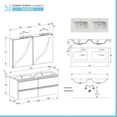 Mobile bagno con lavabo doppio 120 cm grigio cemento e specchio Master