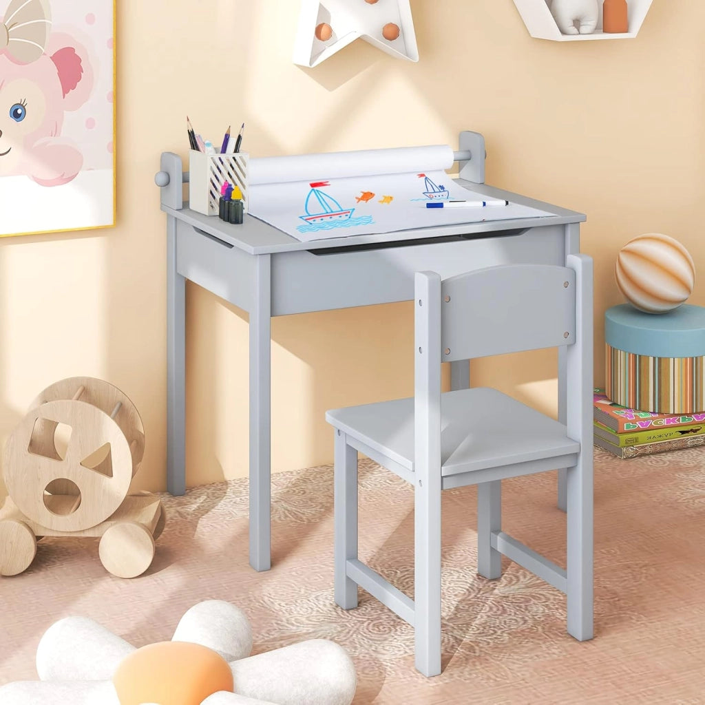 Set Tavolo e Sedia d’Arte per Bambini 3+ Anni, Scrivania in Legno di Pino da Disegno con Portarotolo, Piano Ribaltabile & Vano Portaoggetti, Rotolo di Carta (10m) e 2 Pennarelli (Grigio)