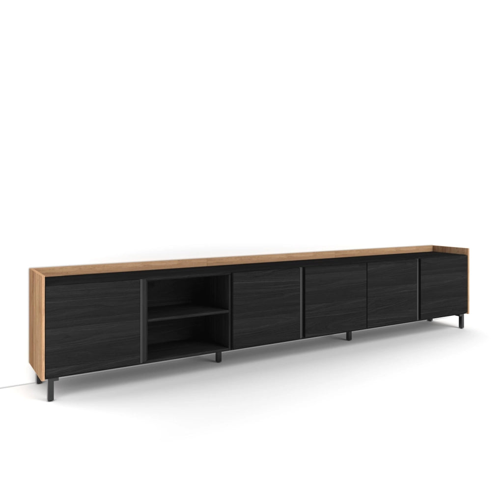 Mobile TV Soggiorno, 309x61x35 cm, Per TV fino a 80", Design industriale, Nero e rovere