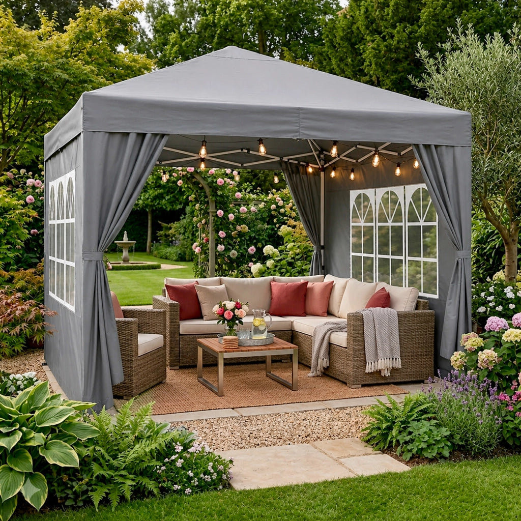 Gazebo Pop Up Da Esterno Con Pannelli Laterali Finestre Traslucide Copertura Impermeabile UV50+ Telaio Robusto In Acciaio Per Eventi E Giardino 3 x 3 x 2.59 m Grigio