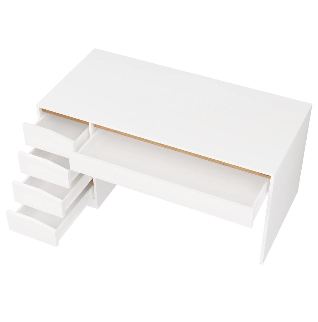 Scrivania 140x50 cm con 5 cassetti; bianco e rovere; in truciolare