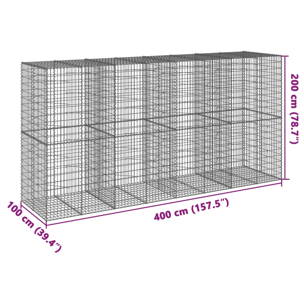 Gabbione recinto a gabbia muro di contenimento con coperchio 400 x 100 x 200 cm ferro zincato argento 02_0040161