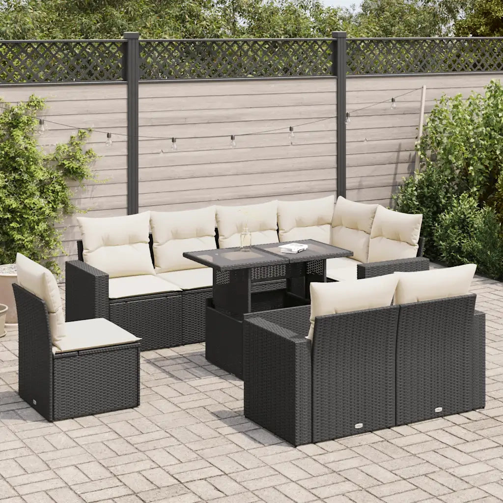 vidaXL Set Divani da Giardino 9 pz con Cuscini Nero in Polyrattan
