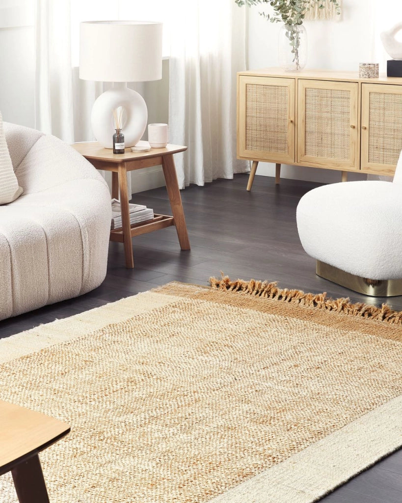 Tappeto in juta beige 160 x 230 cm con nappe motivo geometrico intrecciato a mano stile bohémien per soggiorno camera da letto