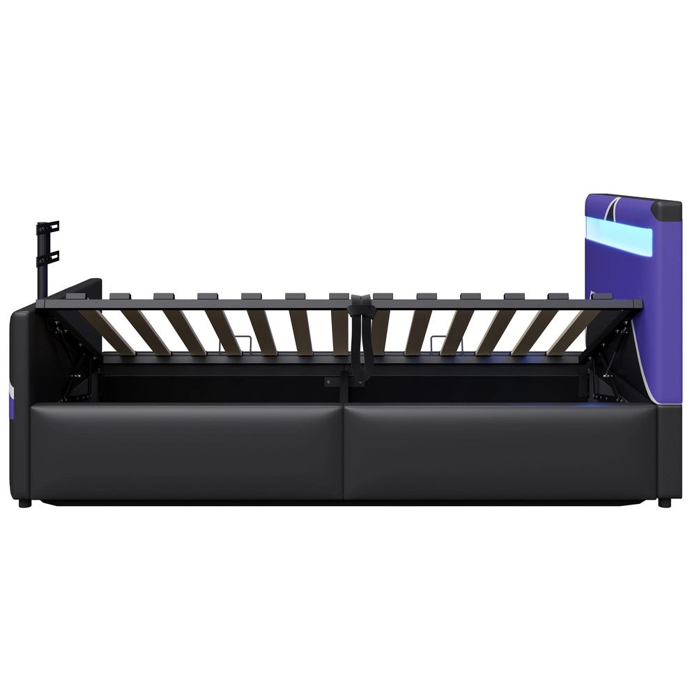 Letto Singolo Gaming 90x200 con LED, Contenitore Idraulico e Supporto TV ¨C Xylo ¨C PU Nero