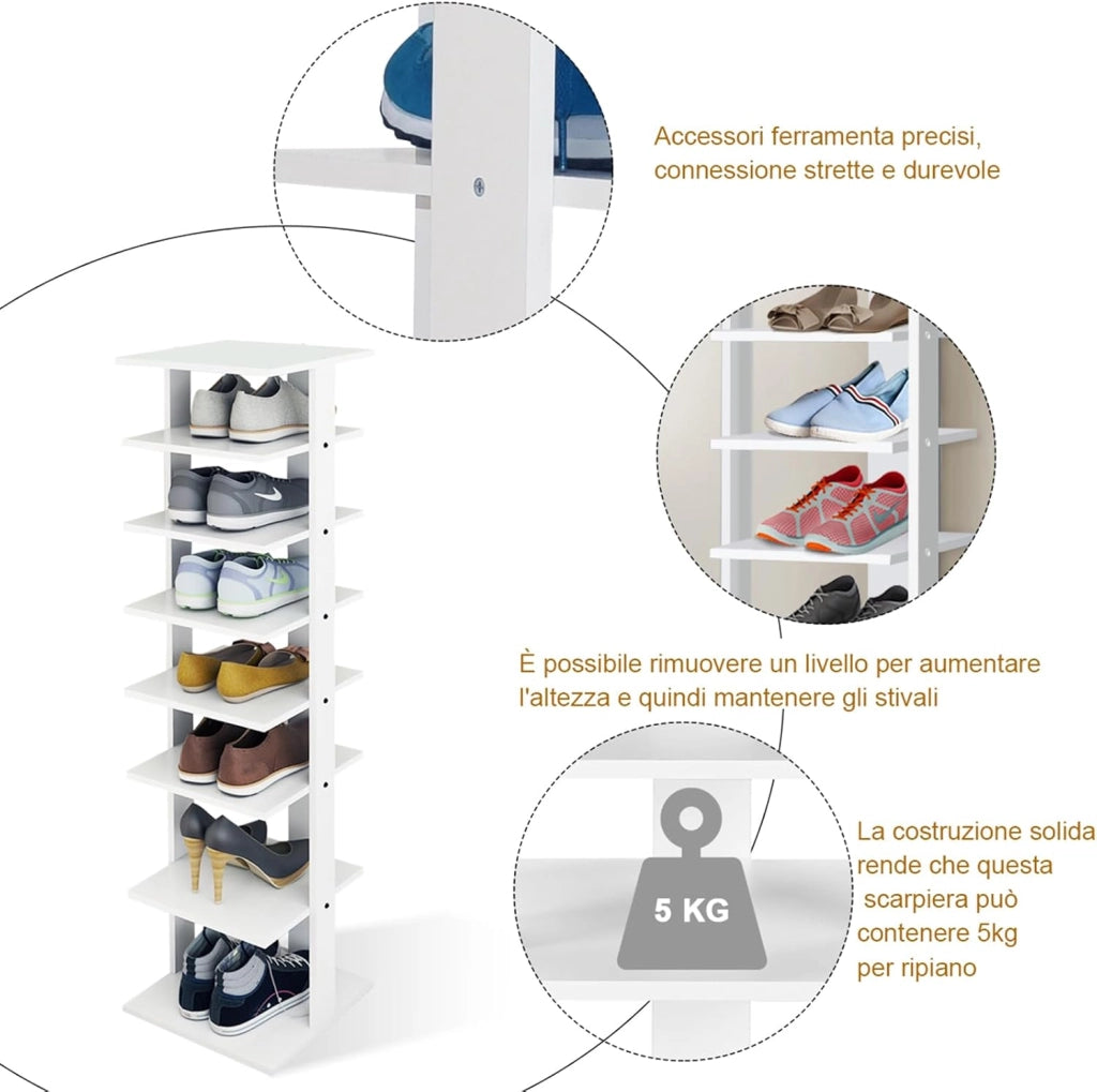 Scarpiera a 7 Ripiani, Scaffale Portascarpe in Legno con 2 Ripiani di Diverse Altezze, Scaffale Portaoggetti Multifunzione per Ingresso Soggiorno Camera da Letto, 28,5x25,5x110 cm (Bianco)
