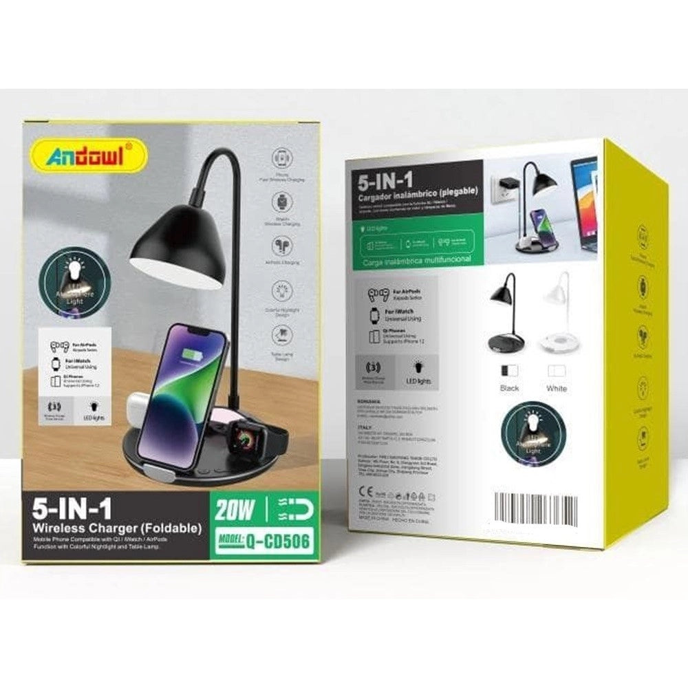 Trade Shop - Lampada Pieghevole Da Scrivania Luce A Led 5 In 1 Con Base Ricarica Wireless Q-cd506 -