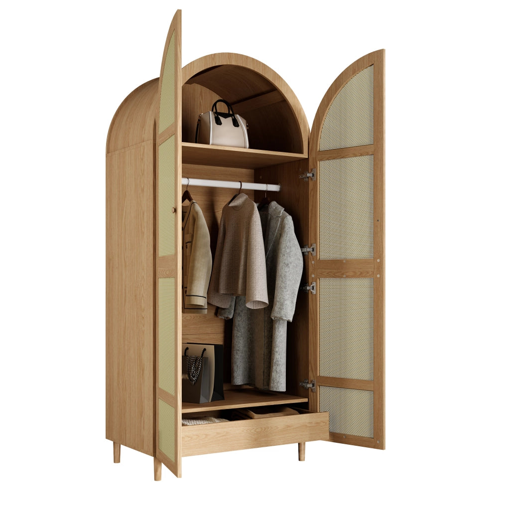 Armadio Moderno con Ante Curve in Rattan Naturale; Guardaroba con Bastone e Cassetti; 80x50x179 cm