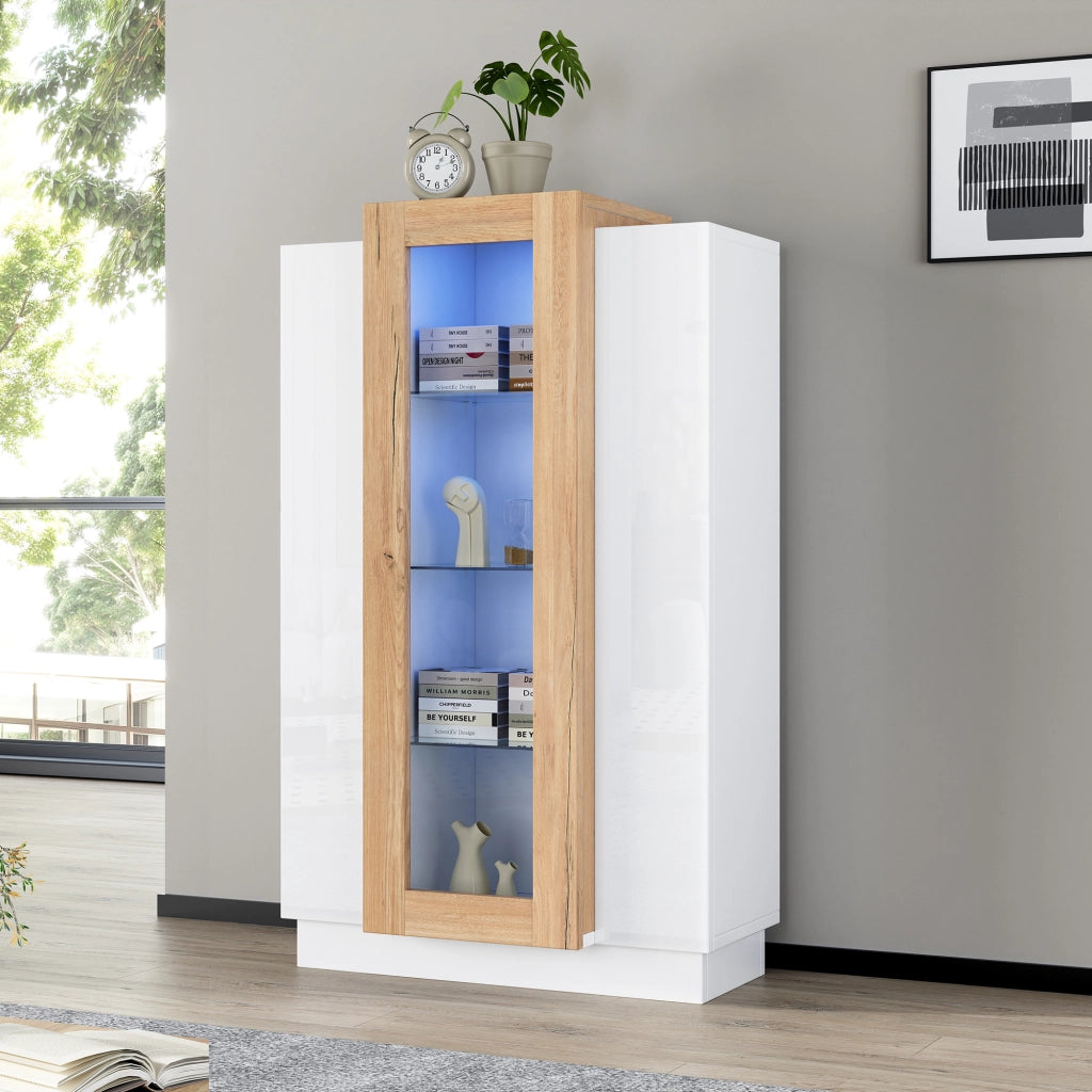 Vetrina soggiorno 74x40x120 cm con 3 ante, LED controllabile via app, struttura in truciolare e finitura bianco/effetto legno
