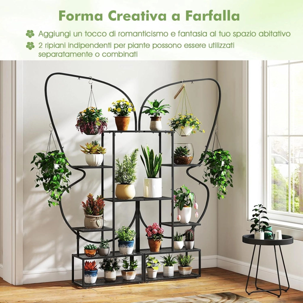 Scaffale Porta Piante a 6 Livelli, Scaffale per Vasi a Forma di Farfalla con 12 Ripiani in Rete Metallica e 4 Ganci, Mensola a Scala per Piante da Interno e Esterno (Nero)