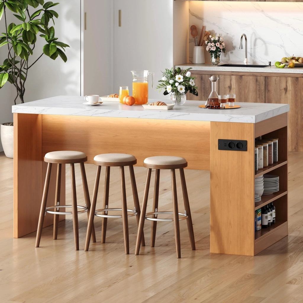 Isola cucina moderna 155x80x90 cm con LED, prese AC+USB, piano spesso 40 mm, MDF naturale/bianco