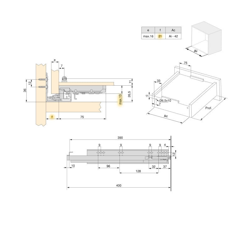 Set di guide per cassetti a scomparsa Silver, estrazione totale, con chiusura soft e aggancio, profondità 440 mm, Acc..