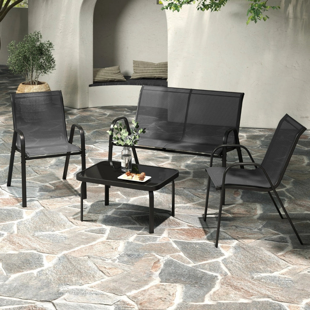 Set da 4 pezzi di mobili per esterni con tavolino in vetro temperato, Set da conversazione all'aperto Grigio-Set mobili da esterno