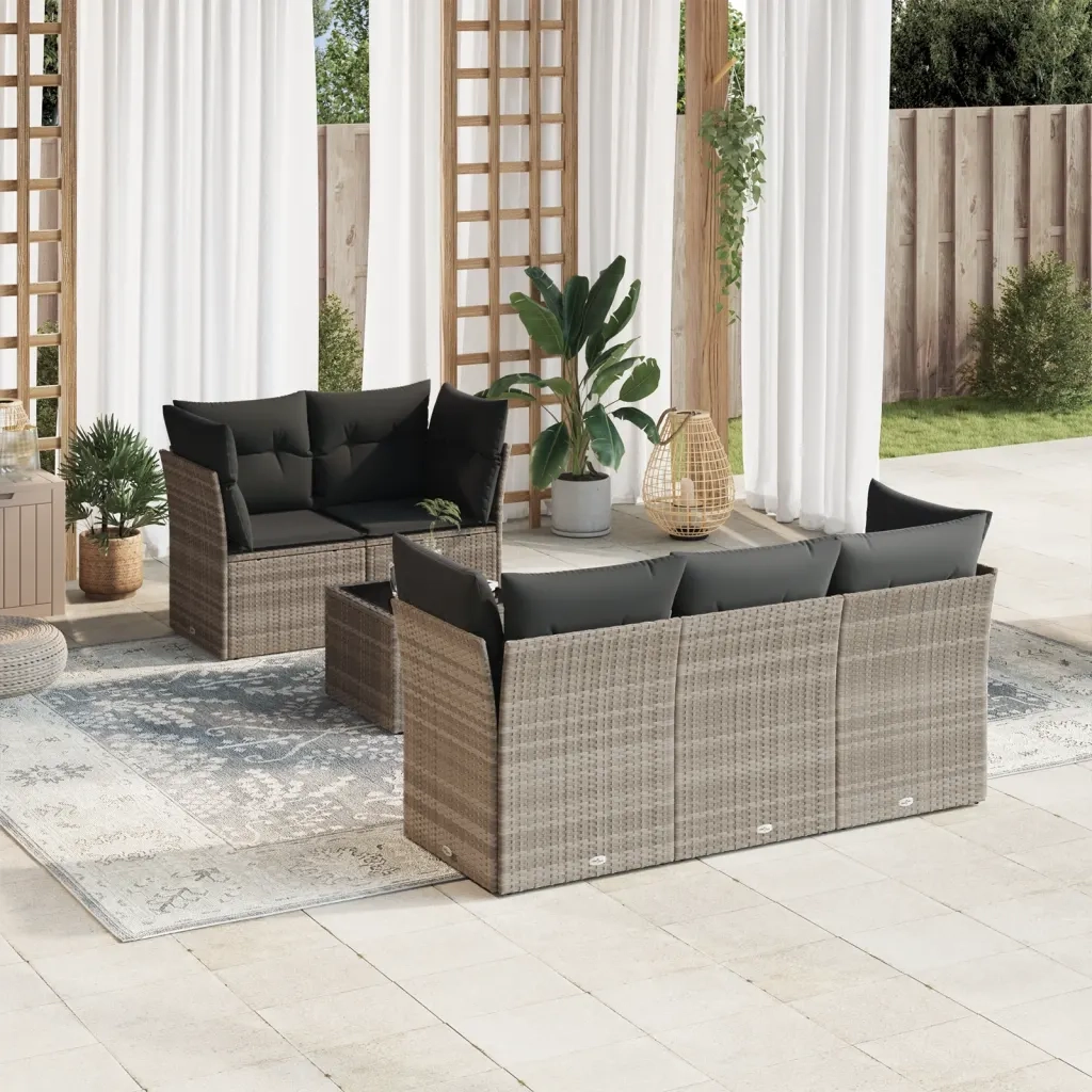 Set Divano da Giardino 6pz con Cuscini Grigio Chiaro Polyrattan