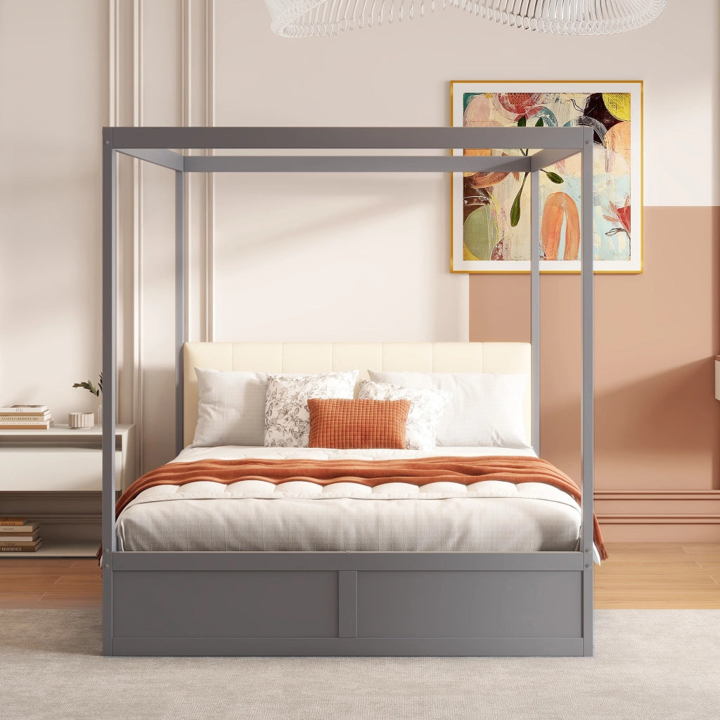 LETTO a tenda 140x200 cm con 2 cassetti e testiera imbottita grigio