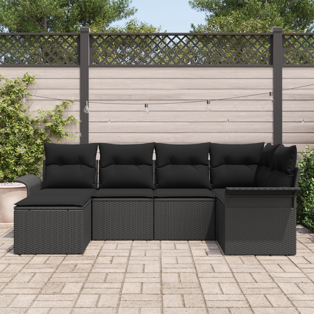 Set Divano da Giardino a 6 Pezzi con Cuscini Nero Polyrattan