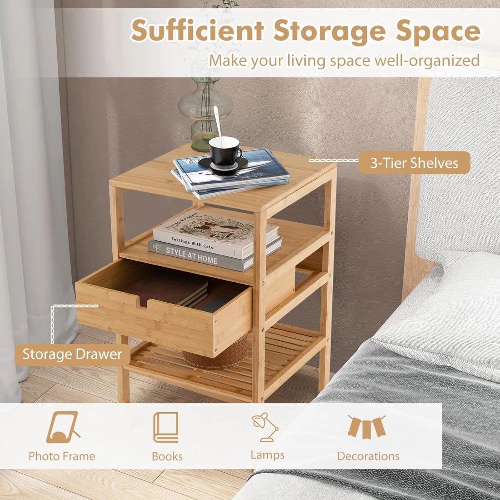 Comodino Camera da Letto con Cassetto e Scaffale a Doghe, Comodino Piccolo a 3Livelli in Bambù, Tavolino Lato Classico per Soggiorno, Naturale, 40 x 40 x 68 cm(L x P x A)
