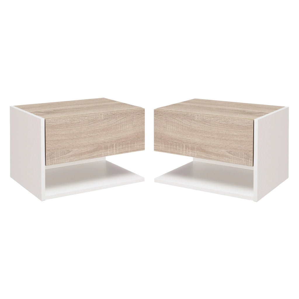 EasyComfort Set di 2 Comodini Sospesi a Parete con Cassetto e Mensola, Arredamento Moderno Camera da Letto, Bianco e Rovere
